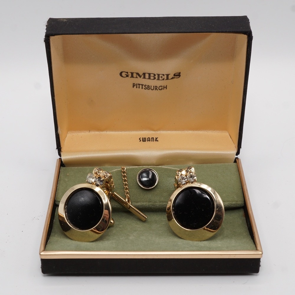 Vintage Swank Cufflinks and Tie Tack Set Black Gold Tone Rhinestone Gimbels Box